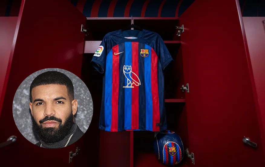 A Barcelona shirt with rapper Drake&#039;s OVO logo on the front, hanging in a dressing room ahead of the El Clasico tie against Real Madrid