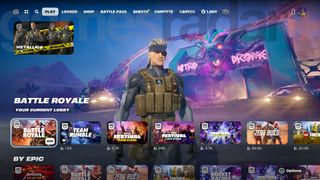 Fortnite menu screen showing Battle Royale, Team Rumble, and other game modes