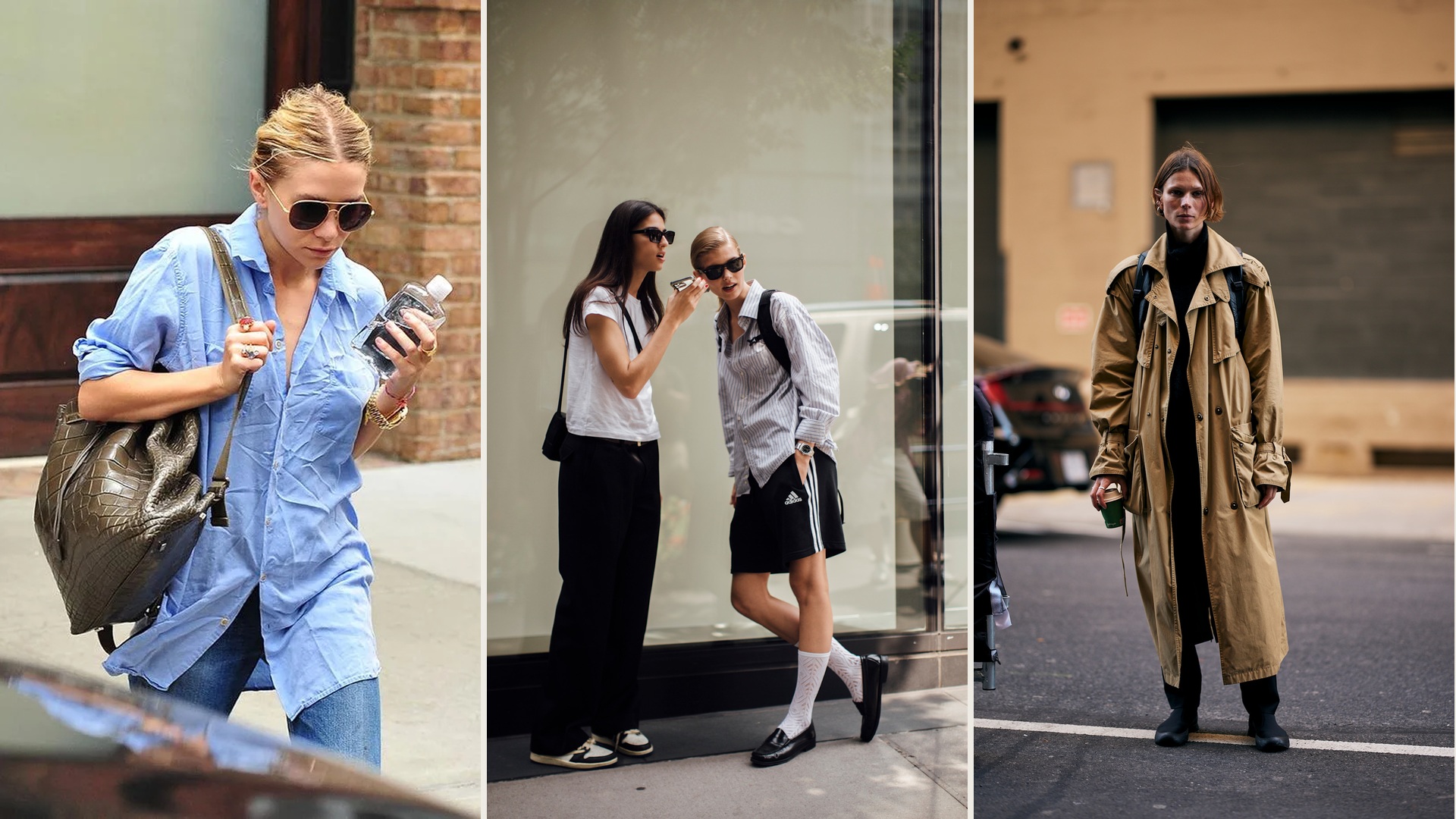 Street-style collage featuring women wearing backpacks with an oversized blue button-down, relaxed city separates, and a classic beige trench coat.