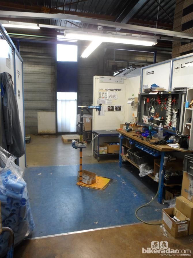 Lapierre's factory in Dijon, France, doesn't have a traditional assembly line. Each bike is assembled by one mechanic at a workstation like this