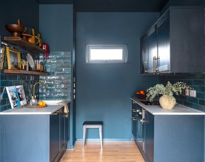 dark blue apartment galley kitchen