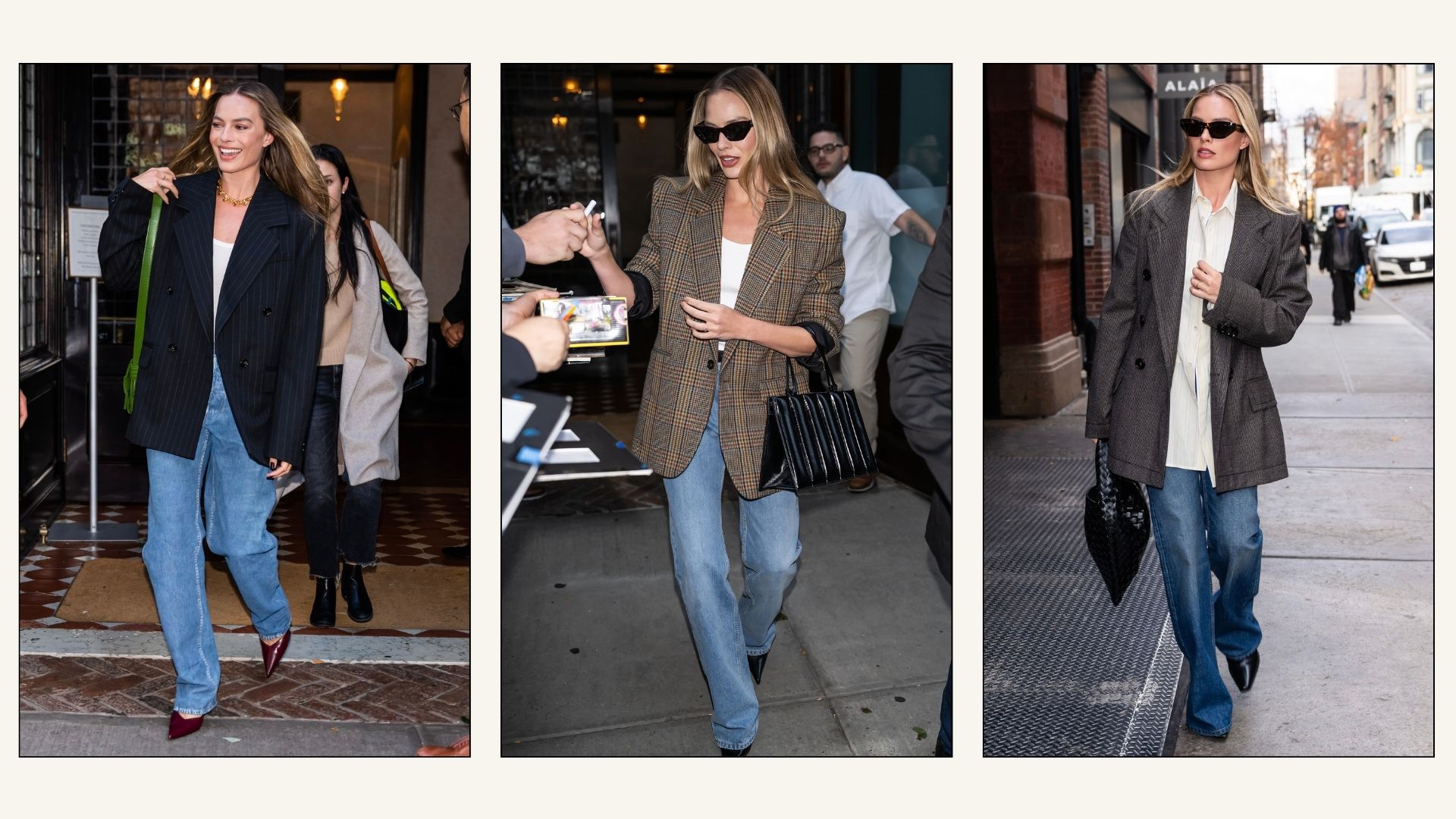 Collage of Margot Robbie wearing jeans, pointed toe boots and a blazer in New York.