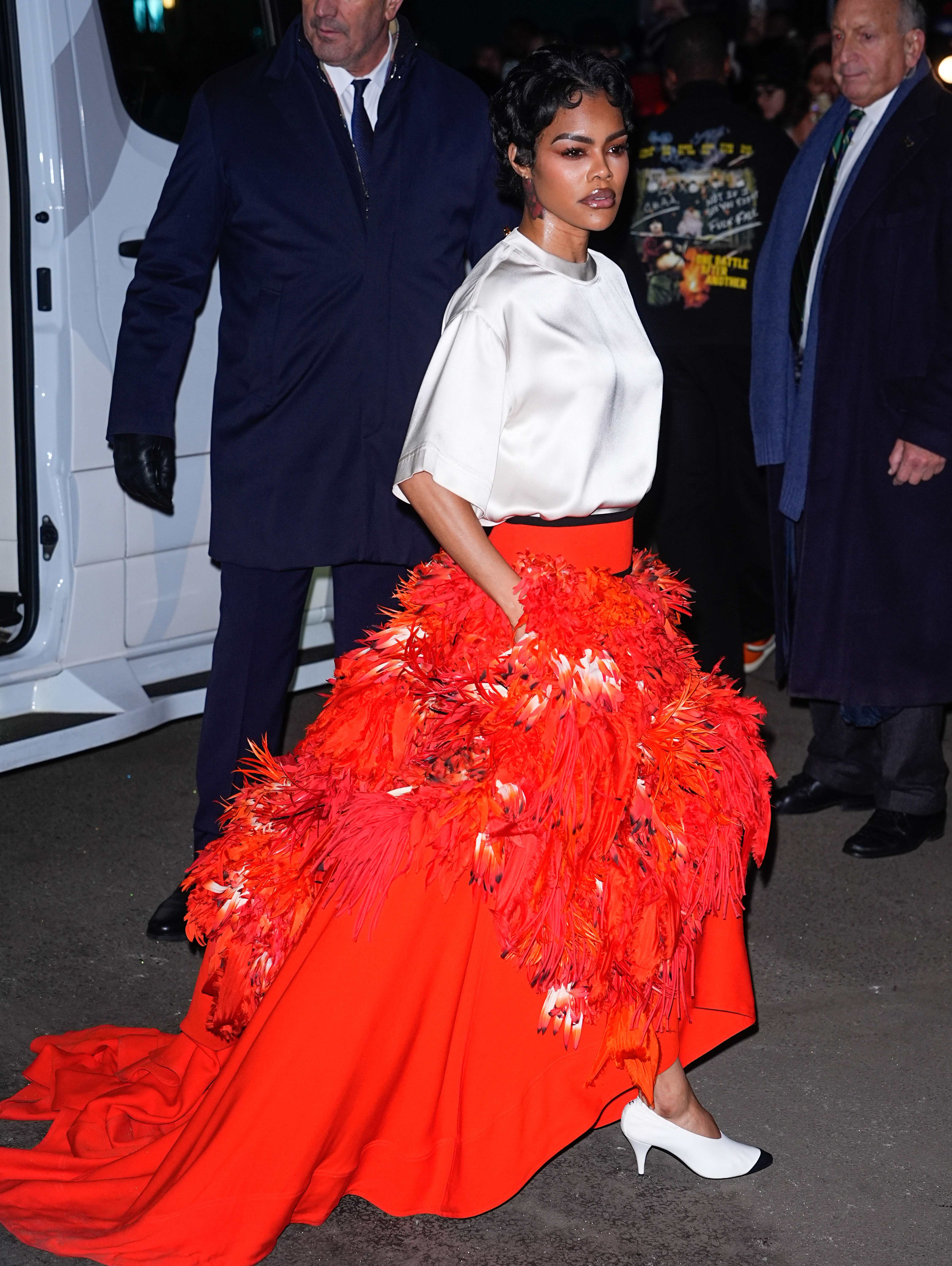 NEW YORK, NY - DECEMBER 1: Teyana Taylor is seen arriving to the 35th Gotham Film Awards on December 1, 2025 in New York City, wearing a Chanel top, skirt, and cone heels.