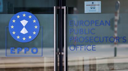 A photo shows the logo of the European Public Prosecutors' Office (EPPO) at the entrance of the EPPO headquarters in Luxembourg, on June 1, 2021.