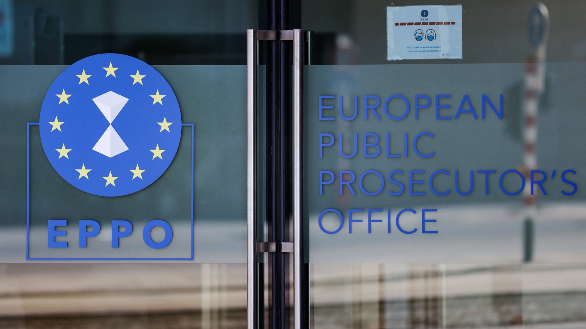 A photo shows the logo of the European Public Prosecutors' Office (EPPO) at the entrance of the EPPO headquarters in Luxembourg, on June 1, 2021. 