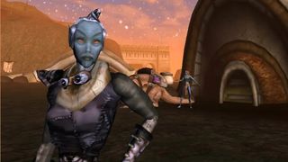 An unimpressed Dark Elf woman stands with her hand on her hip, behind her is a starry sky and a bustling town.