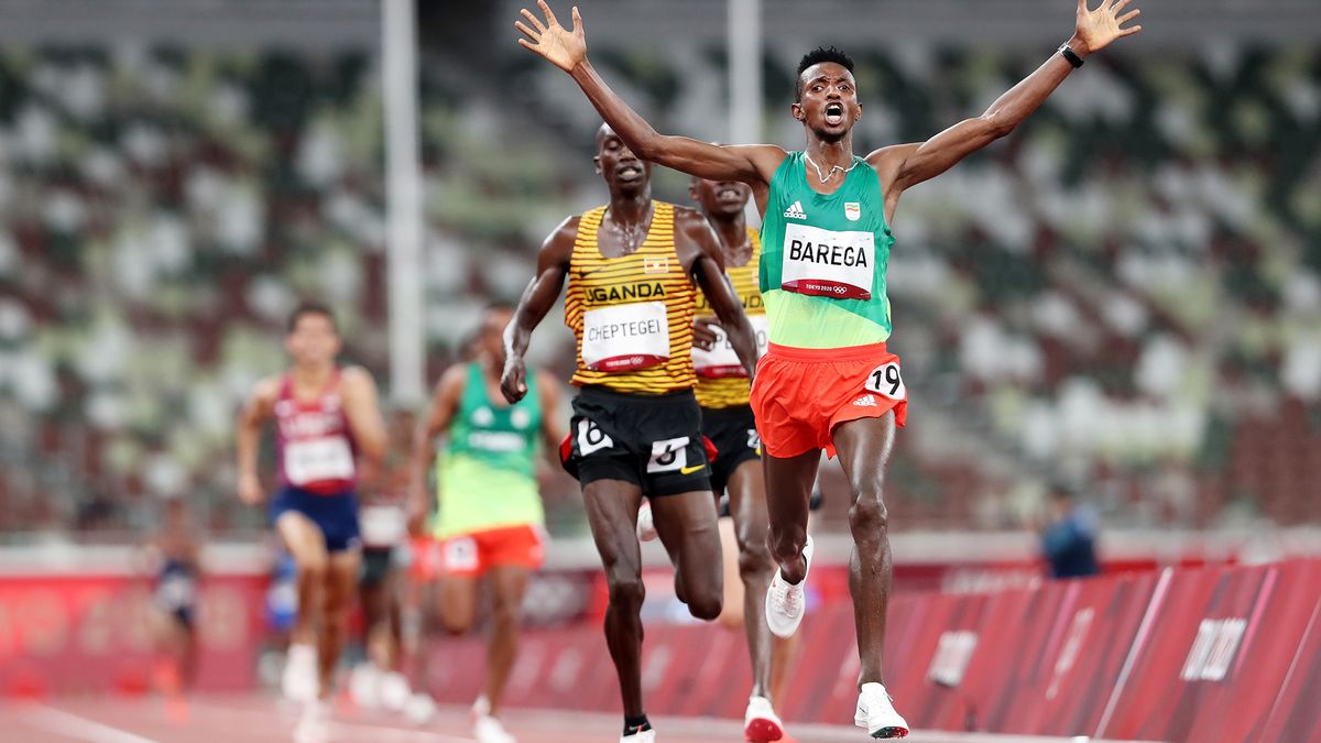 Selemon Barega of Team Ethiopia celebrates winning gold in the Men&#039;s 10,000 metres Final on day seven of the Tokyo 2020 Olympic Games at Olympic Stadium on July 30, 2021 in Tokyo, Japan.