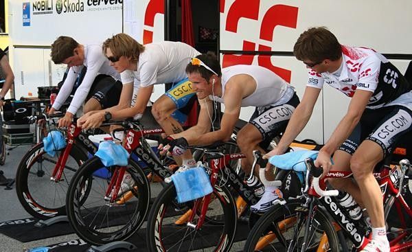 Team CSC warms up in formation.