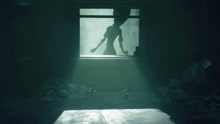 Low and Alone sneaking past a tall, intimidating foe in Little Nightmares 3.