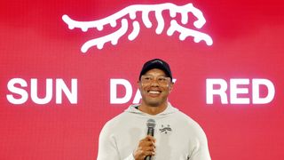 Tiger Woods at the announcement event for his new Sun Day Red brand