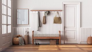 hallway with wooden flooring, white panelled walls, wooden bench and coat hooks