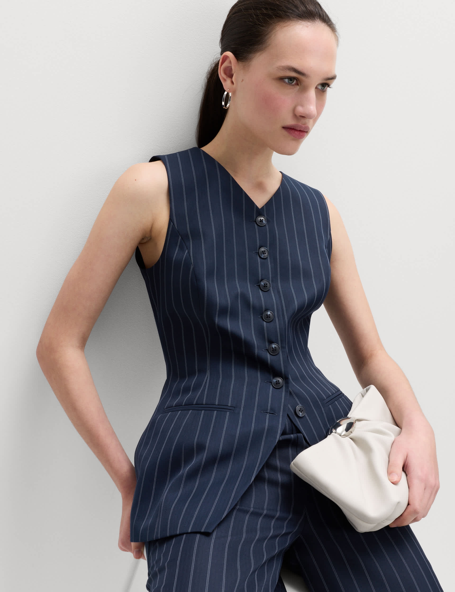 Tailored Pinstripe Cinched Waist Longline Waistcoat