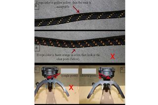 Result: If your Climbing Stick has: (1) burnt orange color pattern in rope (diagram B) and (2) single posts on the tree cleat (diagram C), do not use or sell these Climbing Sticks.