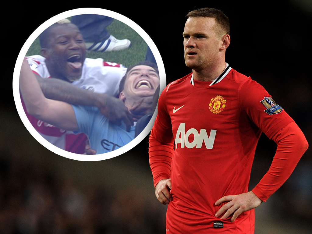 Wayne Rooney looks on, with Djibril Cisse and Samir Nasri celebrating inset
