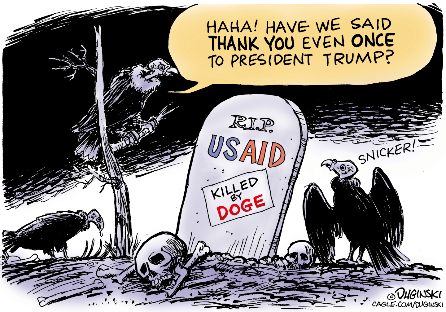 This cartoon is set in a graveyard where mean-looking buzzards are near a gravestone labeled &amp;ldquo;USAID: Killed by DOGE&amp;rdquo;. The buzzards are picking at fresh bones and skulls. One buzzard says, &amp;ldquo;Haha! Have we said thank you even once to President Trump?&amp;rdquo;