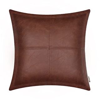 Brawarm Dark Brown Leather Throw Pillow 16 X 16 Inches, Faux Leather Pillow Cover With Piping, Hand Stitched Leather Decorative Throw Pillow Covers for Couch Sofa Bed Living Room Garden