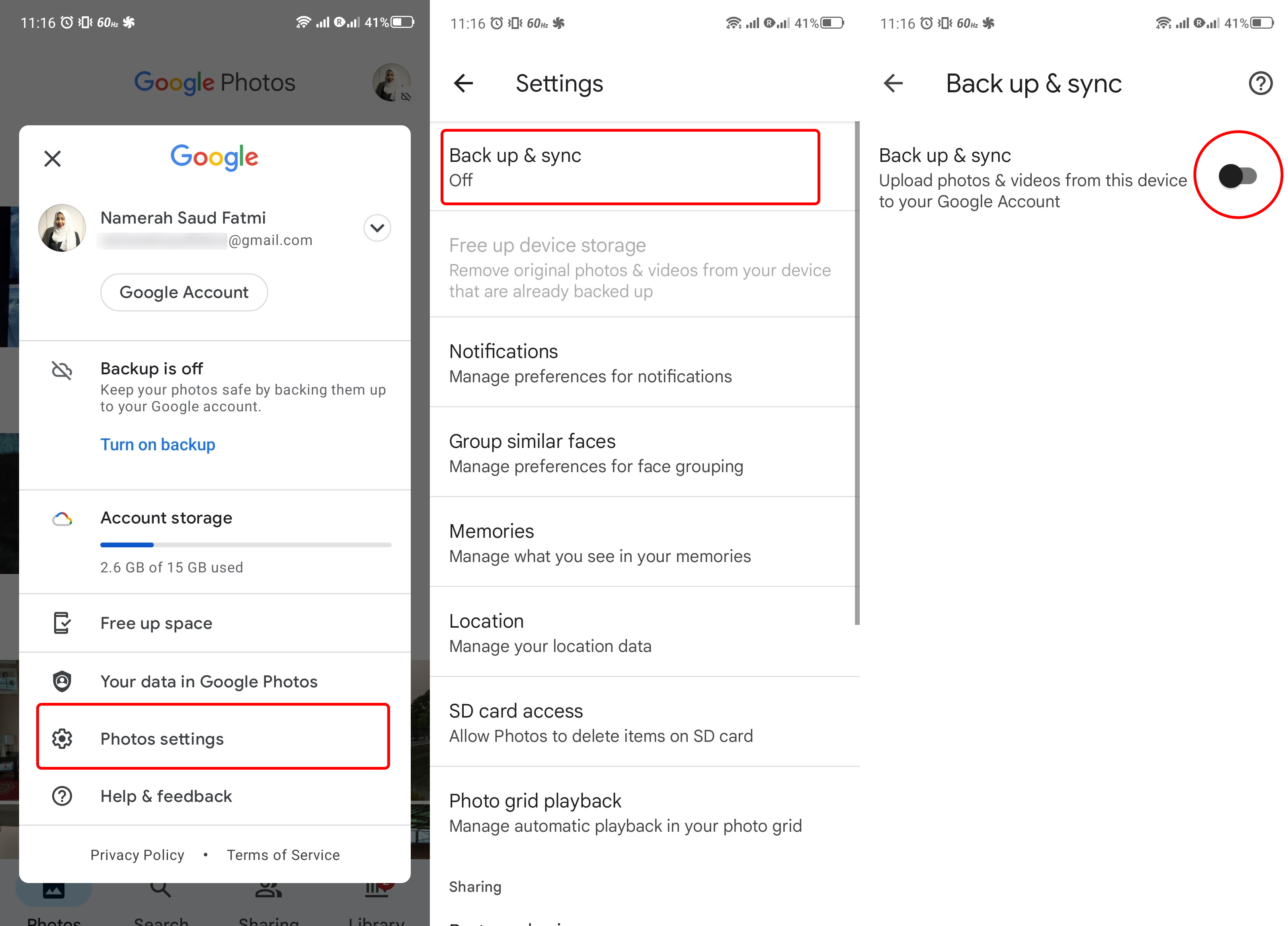 Steps showing how to enable backup and sync on Google Photos for Android