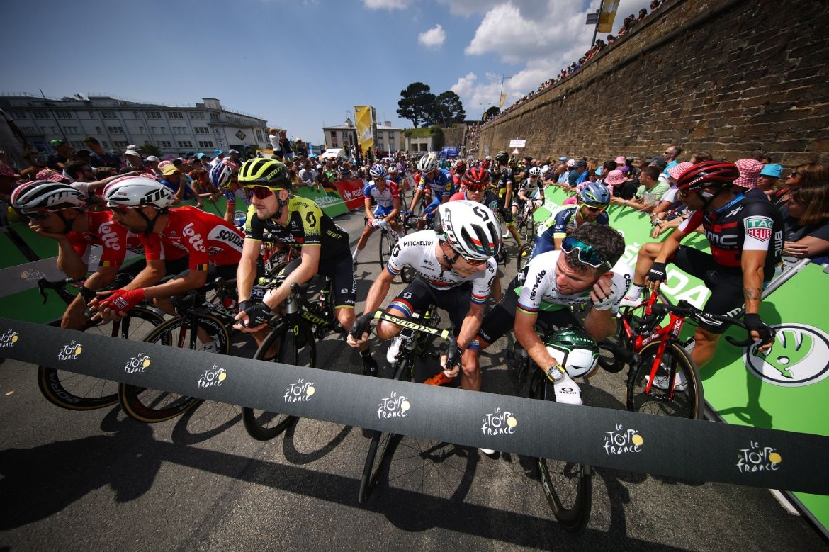 Riders line up for stage 6 of the Tour de France in Brest