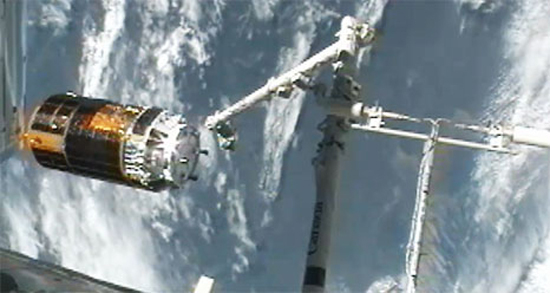 Japan's HTV-3 robotic cargo ship leaves the International Space Station on Sept. 12, 2012, after being released from the station's robotic arm. Astronauts inside the station used the arm to detach the HTV-3 cargo ship from the station and set it free in space to end its mission.