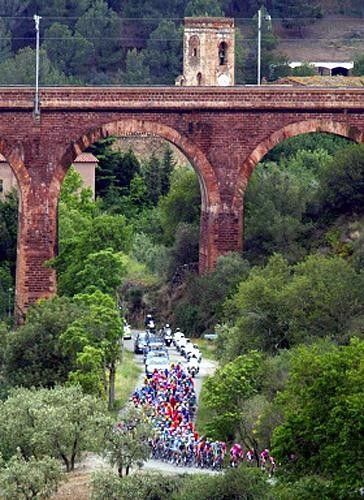 The peloton winds its way through the Catalunyan countryside.