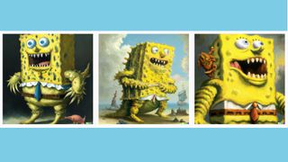 An image generated on Dall-E 2 with the text prompt "Spongebob Squarepants crossed with Godzilla"