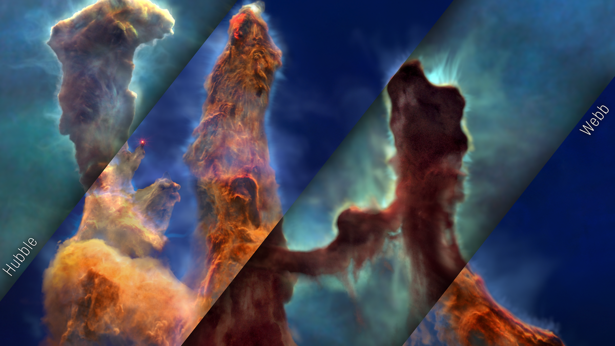 A mosaic of JWST and Hubble data of the &quot;Pillars of Creation&quot; visualization. 