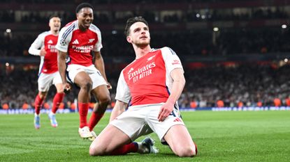 Declan Rice celebrating scoring against Real Madrid in the Champions League