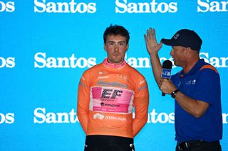 ADELAIDE AUSTRALIA JANUARY 17 Alberto Bettiol of Italy and Tam EF Education Easypost celebrates at podium as Orange Leader Jersey winner during the 23rd Santos Tour Down Under 2023 Prologue a 55km individual time trial stage from River Torrens Karrawirra Parri Adelaide CBD to River Torrens Karrawirra Parri Adelaide CBD TourDownUnder WorldTour on January 17 2023 in Adelaide Australia Photo by Tim de WaeleGetty Images