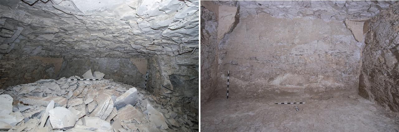 two pictures of a stone tomb