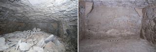 two pictures of a stone tomb