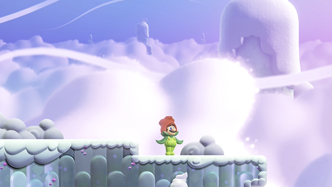 A screenshot from Super Mario Bros. Wonder Nintendo Switch 2 Edition showing Mario using the new Flower Pot power-up