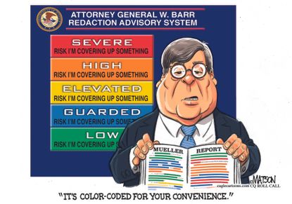 Political Cartoon U.S. William Barr color-coded Mueller report