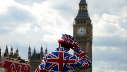 A man in Union Jack attire by Big Ben