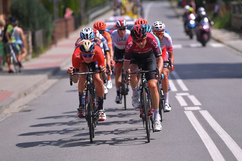 Matej Mohoric and Michal Golas power the breakaway during stage 7 at the Tour de Pologne