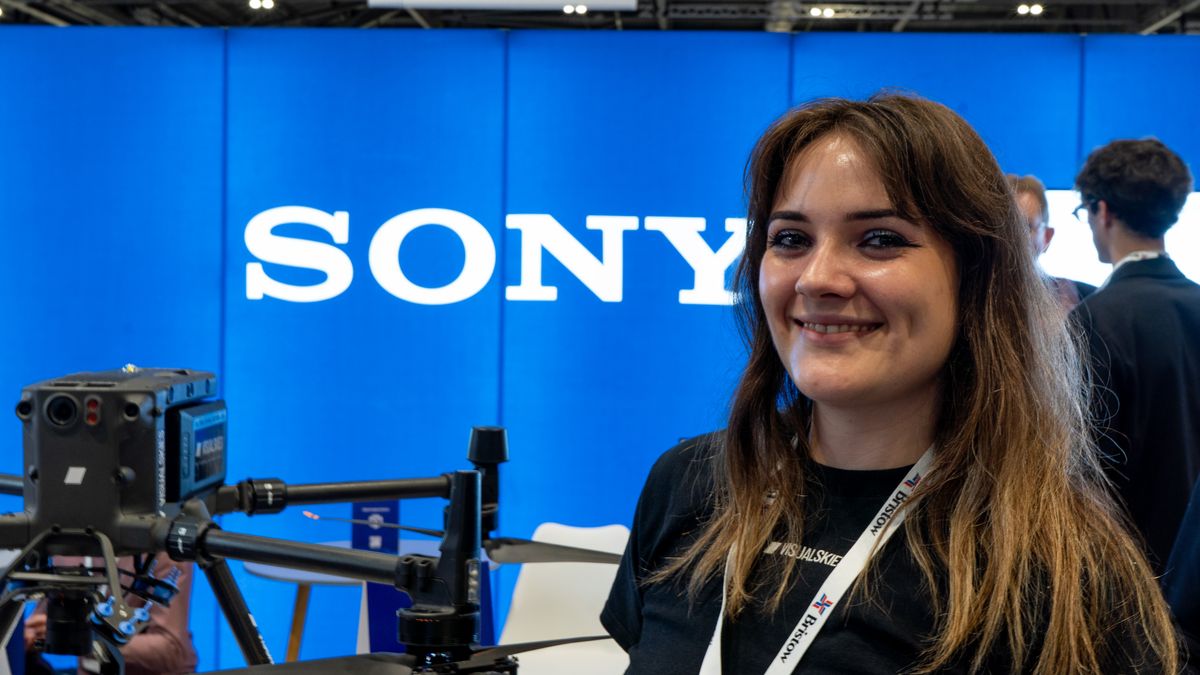 Dora from Visualskies next to DJI Matrice and Sony sign