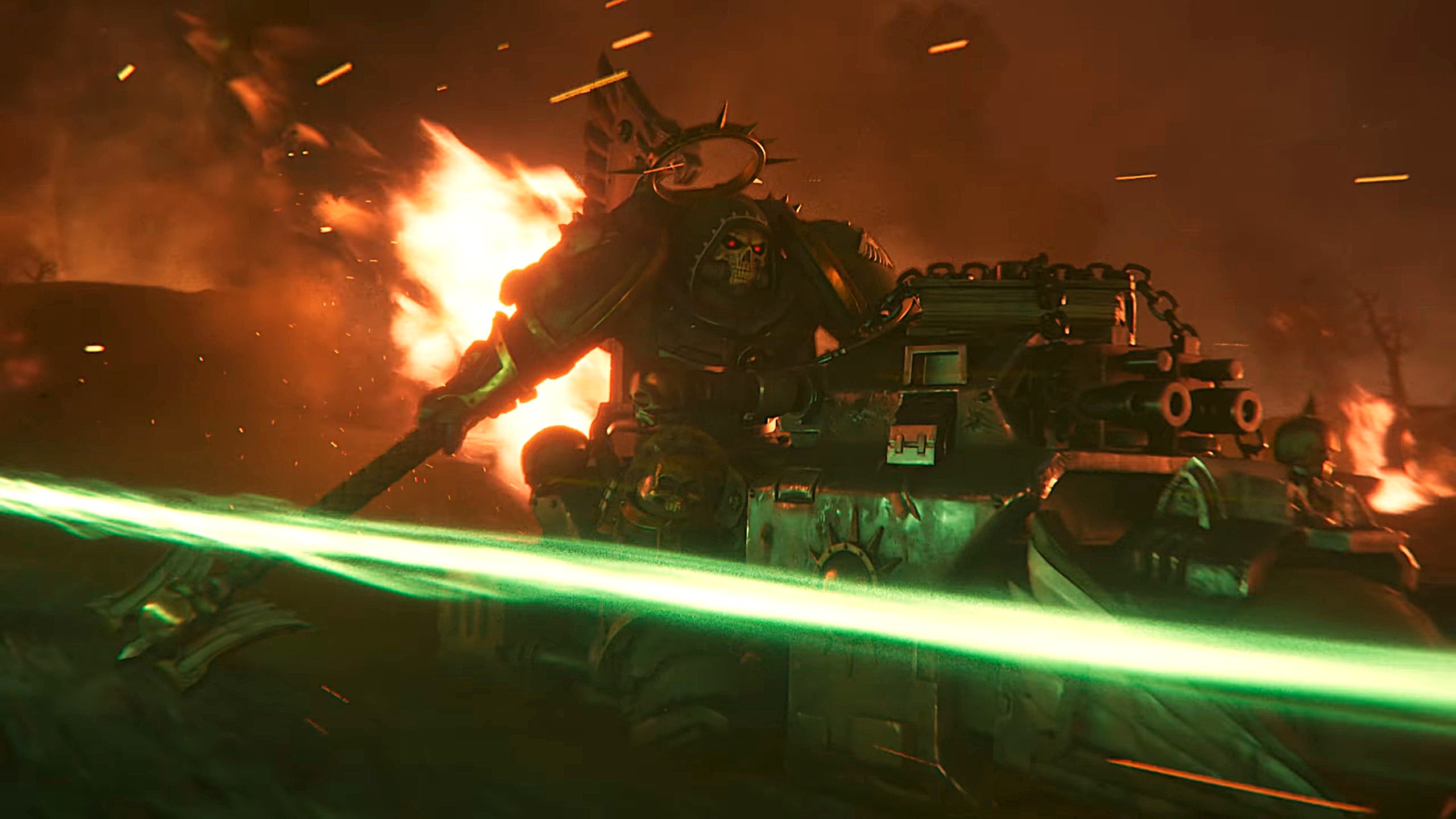 A massive armored sci-fi warrior stands beside a battle tank as explosions flare behind him and a bright green laser cuts across the smoky battlefield.