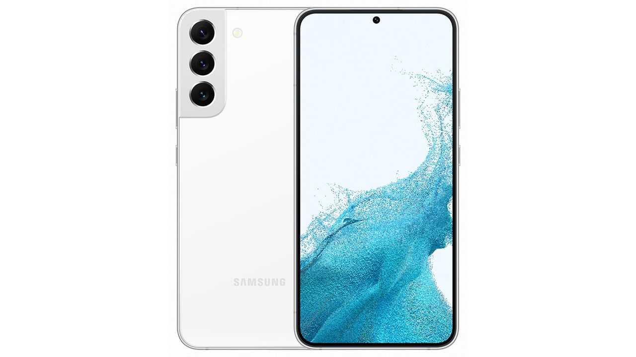 The front and back of the Samsung Galaxy S22 Plus in white against a white background