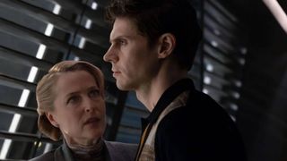 Gillian Anderson and Evan Peters as Elisabeth and Julian Dillinger in Tron: Ares