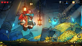 A screenshot of Wonder Boy: The Dragon's Trap on PC, showing a humanoid fish player character facing off against a flying dragon