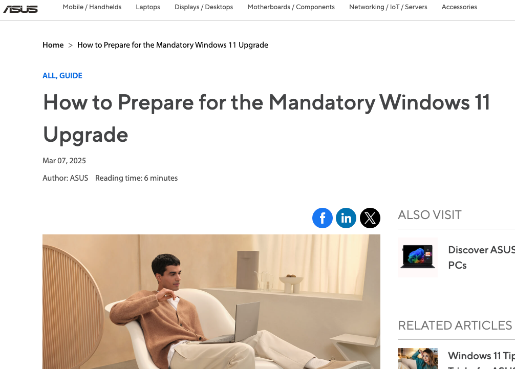 This screenshot of an Asus blog post titled "How to prepare for the mandatory Windows 11 upgrade" was published in March 2025.