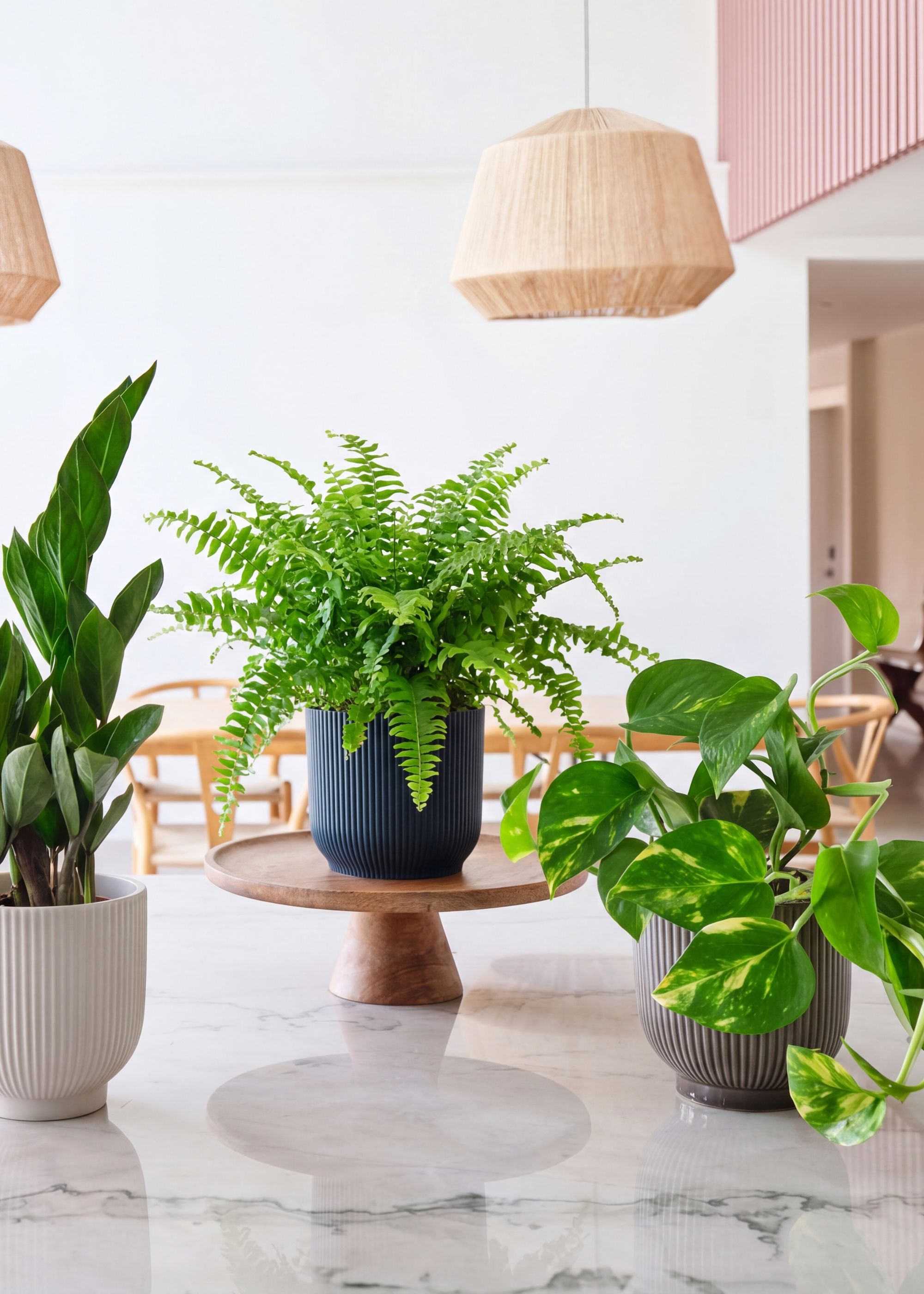 A potted zz plant, Boston fern, and pothos in ribbed planters on a stone kitchen island