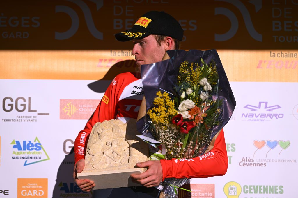 BROUZET LES ALES FRANCE FEBRUARY 04 Mattias Skjelmose of Denmark and Team TrekSegafredo celebrates at podium as stage winner during the 53rd Etoile de Besseges Tour Du Gard 2023 Stage 4 a 1475km stage from SaintChristolLzAls to Le Mont Bouquet Brouzet ls Als 616m EDB2021 on February 04 2023 in SaintChristolLzAls France Photo by Luc ClaessenGetty Images