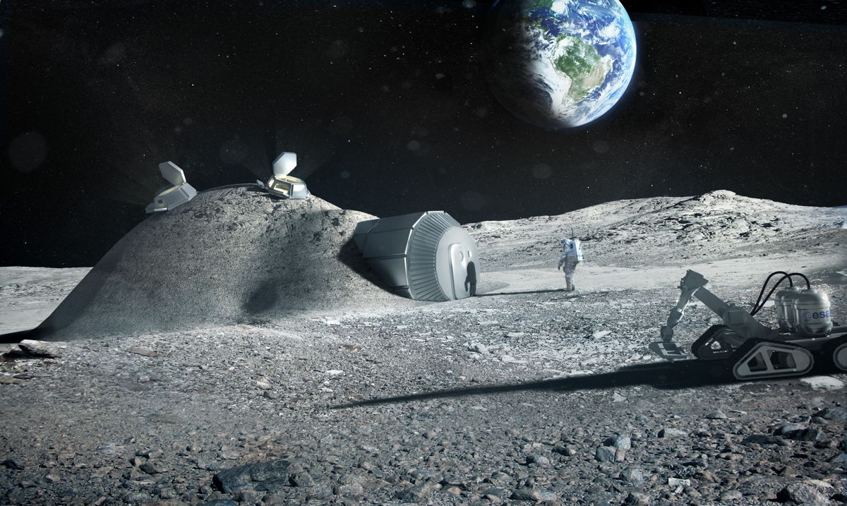 An artist's illustration of what a base on the moon might look like. The European Space Agency is investigating the possibility of 3D printing lunar habitats.