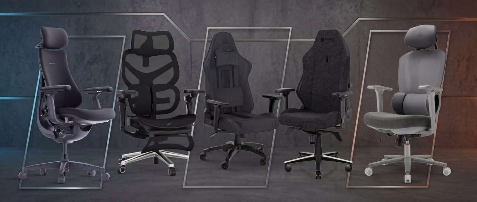 A selection of office chairs on a steel-like background
