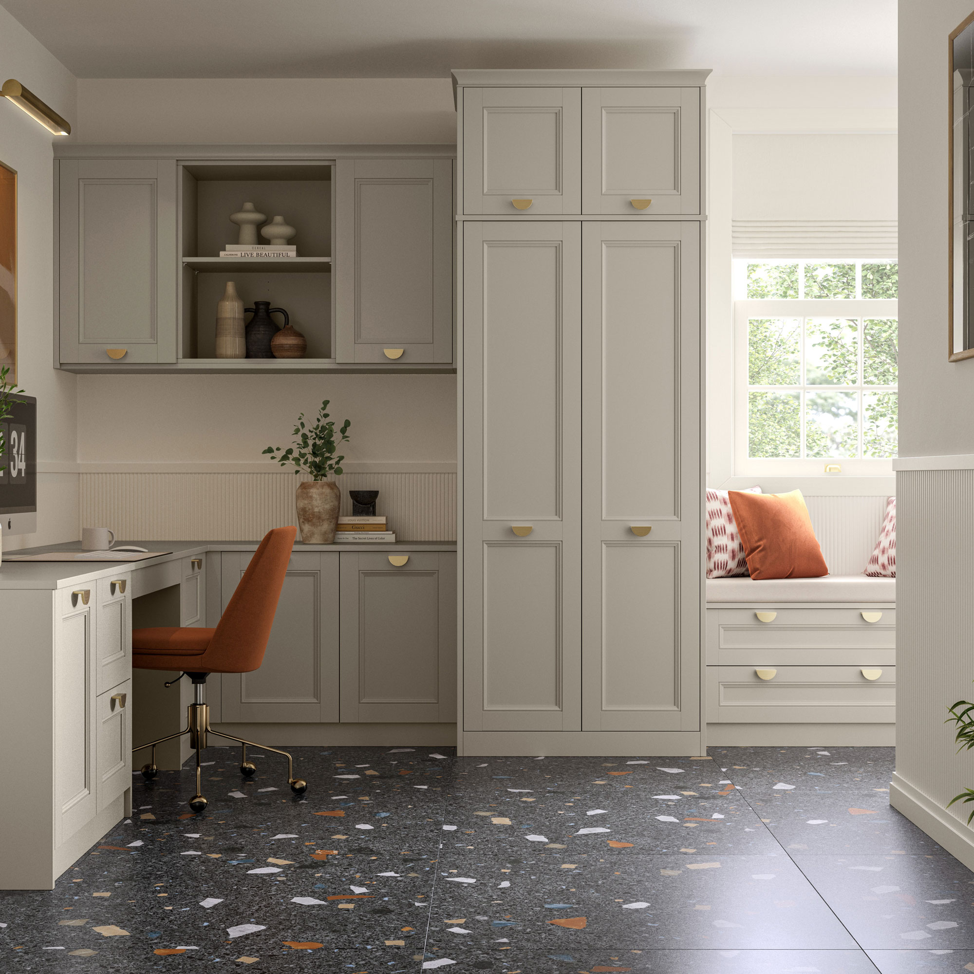grey fitted home office with terrazzo floor
