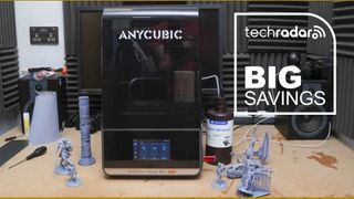 The Anycubic Photon M7 Pro during our testing process, with a TechRadar badge that reads 'Big Savings'