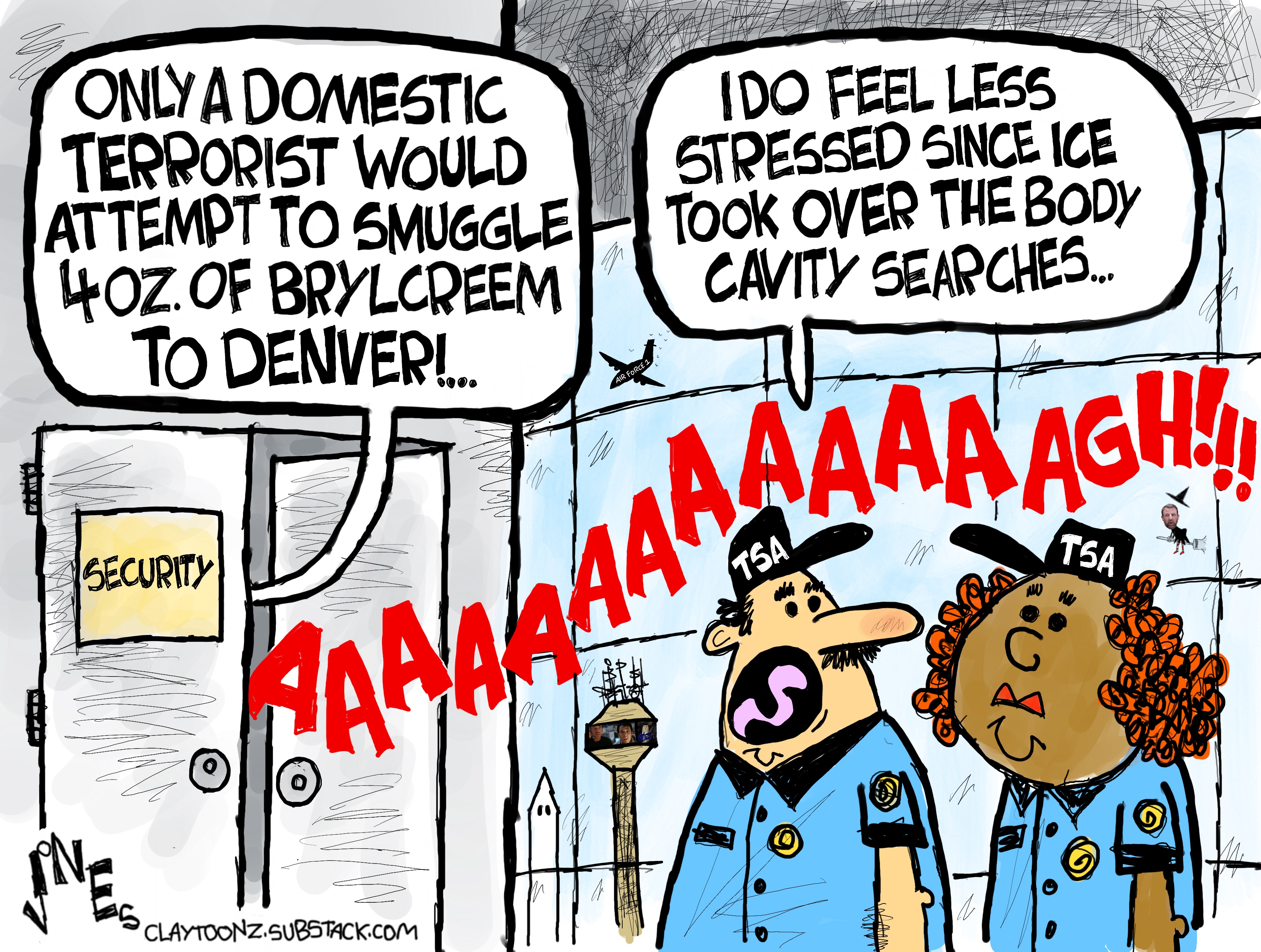 This cartoon is set at an airport. A scream of &amp;ldquo;AAAAAAAAAAGH!!!&amp;rdquo; comes from behind a door marked security along with another voice that says, &amp;ldquo;Only a domestic terrorist would attempt to smuggle 4 oz. of brylcreem to Denver!&amp;rdquo; Two TSA agents look at each other nearby and one says, &amp;ldquo;I do feel less stressed since ICE took over the body cavity searches.&amp;rdquo;