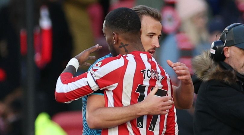 Harry Kane hugs England team-mate Ivan Toney after Tottenham&#039;s Premier League game against Brentford in December 2022.