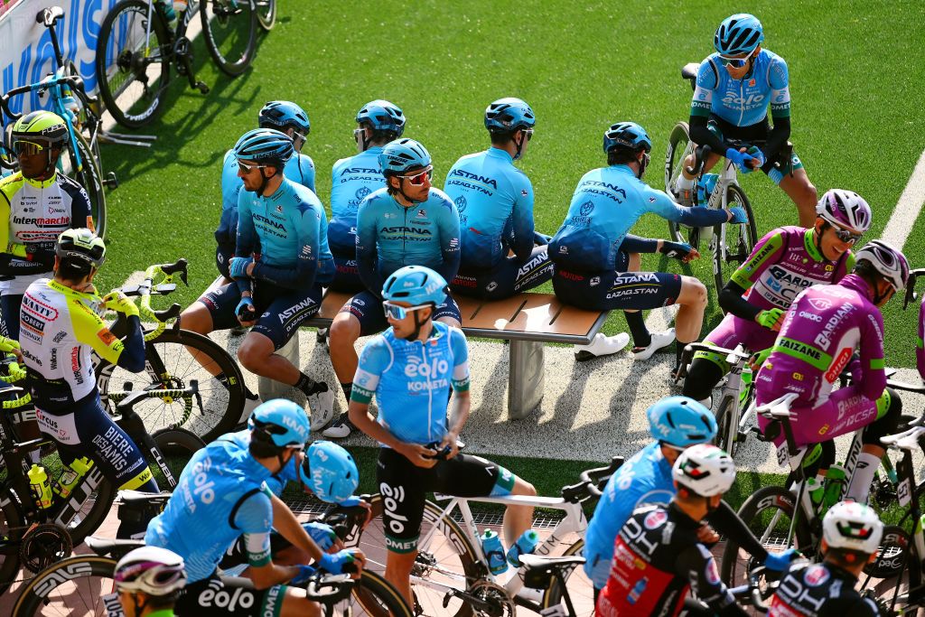 SANREMO ITALY MARCH 19 A general view of Gianni Moscon of Italy Manuele Boaro of Italy Fabio Felline of Italy Leonardo Basso of Italy Yevgeniy Gidich of Kazahkstan Davide Martinelli of Italy Artyom Zakharov of Kazahkstan and Team Astana Qazaqstan in Vigorelli Velodrome during the team presentation prior to the 113th MilanoSanremo 2022 a 293km one day race from Milano to Sanremo MilanoSanremo on March 19 2022 in Sanremo Italy Photo by Tim de WaeleGetty Images