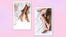 two images of legs entangled in bed to illustrate legs shaking after sex, against a pink square background